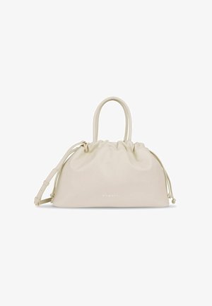 Crème-kleurige synthetische handtas met een geplooide bovenkant, dubbele handvatten en een afneembare schouderriem. Subtiele logo aan de voorkant.