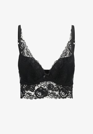 Schwarzer Spitzen-Bralette mit floralem Muster, V-Ausschnitt, breitem Spitzenbund, verstellbaren Trägern und einer zentralen Schleifendetail.
