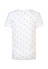 Biała bawełniana koszulka z krótkim rękawem, ozdobiona rozproszonymi jasnoniebieskimi wzorami słońca i chmur, z klasycznym okrągłym dekoltem.