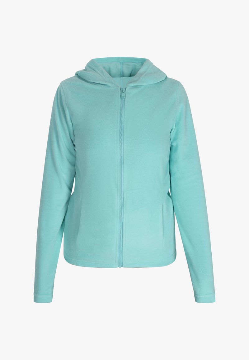 Turquoise fleece hoodie with a full zip, adjustable hood, long sleeves, and side pockets. Soft texture and seamless design.