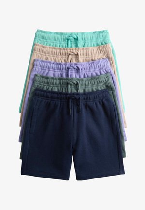 Cinco pares de pantalones cortos con cintura elástica y cordones apilados, colores de delante hacia atrás: azul marino, verde oscuro, lavanda, beige y verde menta.