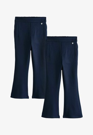 Zwei Paar dunkelblaue Kinderhosen mit elastischem Bund, Seitentaschen und kleinen herzförmigen Reißverschlussanhängern.
