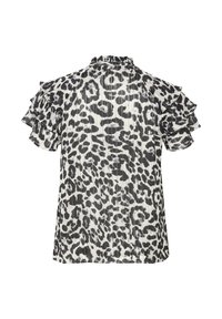 Top w kratkę panterki w czerni i bieli, z falbanami przy rękawach oraz plisowaną teksturą. Posiada wysoki dekolt i lekko luźny krój.