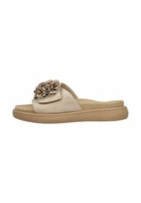 Sandali in slide beige con suola in gomma testurizzata. Caratterizzati da un morbido fiore in tessuto sull'argento e una soletta imbottita per il comfort.