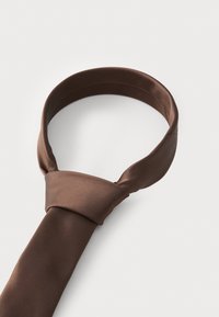 Cravate en satin marron avec une texture lisse, présentant un design classique et un nœud à une extrémité, reposant sur un fond blanc.