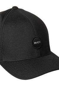 Black baseball cap made of smooth fabric with a rounded crown. Features a circular logo badge on the front and a curved brim.