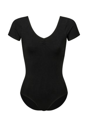 Schwarzer Kurzarm-Body mit tiefem V-Ausschnitt und gerafftem Detail an der Brust; weicher, glatter Stoff und figurbetonte Silhouette.