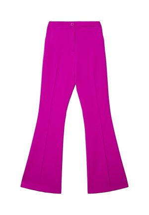 Pantaloni svasati aderenti in fucsia vivace, realizzati in tessuto liscio. Presentano una cintura con chiusura discreta e dettaglio di piega stirata.