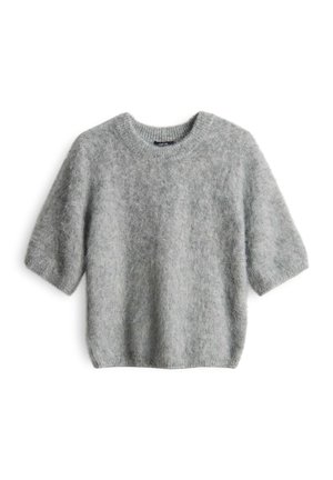 Gray short-sleeve sweater made of fluffy material. Features a rounded neckline and loose fit. Soft texture and minimalistic design.