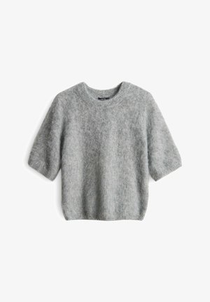 Gray short-sleeve sweater made of fluffy material. Features a rounded neckline and loose fit. Soft texture and minimalistic design.