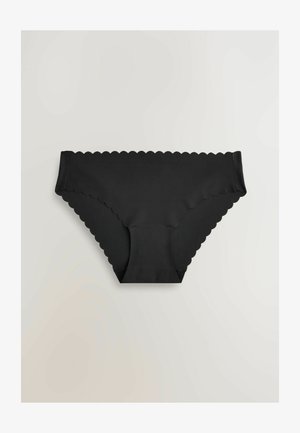 Schwarze Damenunterwäsche mit gewelltem Rand, aus glattem Material gefertigt. Besitzt ein klassisches Slip-Design mit nahtlosem Finish.