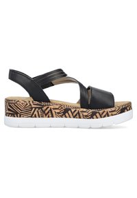 Schwarze Leder-Slingback-Sandale mit überkreuzten Riemen, Korkmuster-Plattform und weißer Gummisohle. Besitzt eine glatte Textur und ein gewagtes Design.