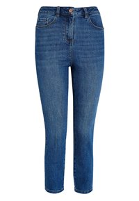 Magasan szabott kék farmernadrág, slim fit fazonnal, öt zsebes kialakítással és gombos záródással. Enyhe kopás és klasszikus varrási részletek jellemzik.