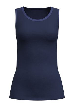 Haut sans manches bleu marine avec un col rond, en tissu lisse. Présente un design ajusté et un passepoil contrastant autour du col.