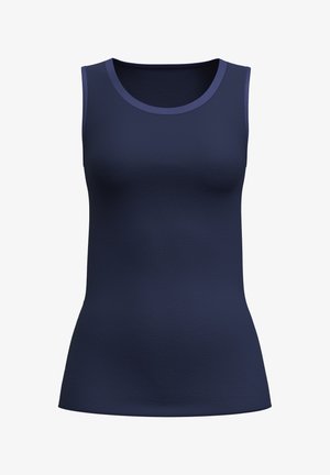 Navyblauwe mouwloze top met een ronde hals, gemaakt van gladde stof. Beschikt over een getailleerd ontwerp en contrasterende bies rond de halslijn.