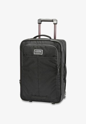 Maleta de ruedas suave negra con asa extensible, bolsillo delantero con cremallera y asa lateral.