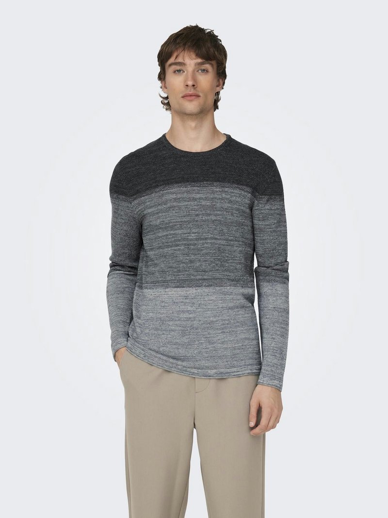 Sudadera de cuello redondo de manga larga en tonos degradados de gris, con detalle de punto texturizado, corte relajado y tejido suave.