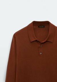 Brown long-sleeve polo shirt with a collar, two buttons, ribbed neckline and cuffs, made from a soft knit material.