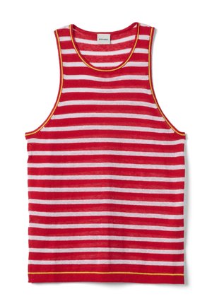 Red and white horizontal striped sleeveless tank top with yellow trim around neck, armholes, and hem, label reading "Stefanel" at neckline.