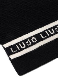 Maglione nero a maglia con una banda orizzontale bianca che presenta il testo "LIU JO" in nero. Tessuto morbido con bordi a coste.