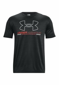 Czarna koszulka sportowa z krótkim rękawem o gładkiej strukturze, z białym i czerwonym logo oraz napisem Under Armour.