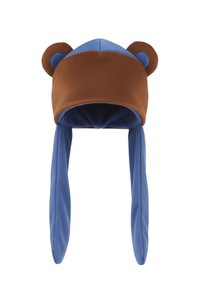 Chapeau en peluche bleu et marron avec des oreilles d'ours, longues bavettes bleues, texture lisse, sommet arrondi et couture détaillée le long des bords.