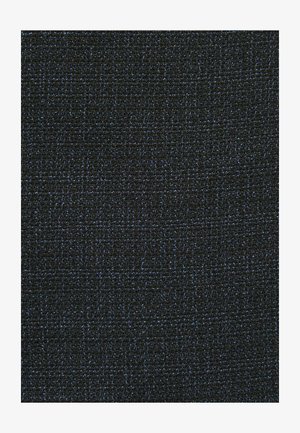 Textúrált anyag sötét fekete színben, finom kék foltokkal, egyenletes szövésmintával, bútorok kárpitjához vagy ruházathoz is alkalmas. Tartós és sokoldalú.