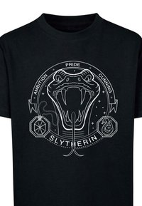 Black cotton T-shirt featuring a white graphic of a snake with the text "SLYTHERIN" and words "AMBITION," "PRIDE," and "CUNNING" arranged around it.