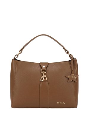 Borsa a mano in pelle marrone con manico superiore, chiusura con chiusura in oro e targhetta a forma di stella impreziosita da "Pierre Cardin."