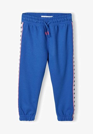 Plave trenirke s elastičnom trakom u struku, vezicom i rebrastim manžetama, s bocnim trakama sa zvjezdastim uzorkom u bijeloj i ružičastoj boji.