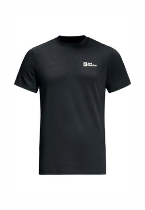 Schwarzes Baumwoll-T-Shirt mit Rundhalsausschnitt, kurzen Ärmeln und einem weißen Jack Wolfskin-Logo auf der linken Brust. Einfaches, klassisches Design.
