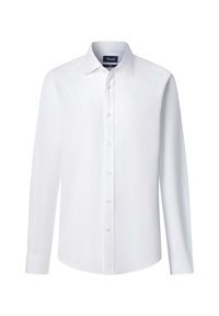 Camisa blanca de manga larga y botonadura completa, hecha de una tela suave, con un cuello clásico y un dobladillo redondeado.