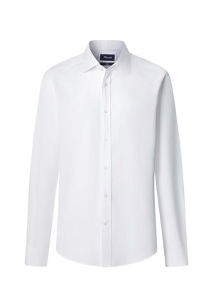 Chemise blanche à manches longues avec boutonnières, en tissu lisse, dotée d'un col classique, d'une fermeture à boutons sur toute la longueur et d'un ourlet arrondi.