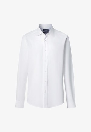 Camicia bianca a maniche lunghe con bottoni, realizzata in tessuto liscio, con colletto classico, chiusura frontale con bottoni e orlo arrotondato.