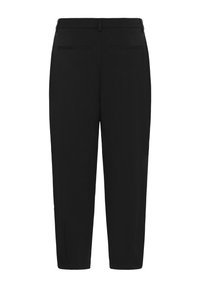 Black trousers with a tailored fit, featuring a smooth texture, side pockets, and a waistband. Slight tapering towards the ankle.