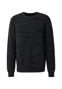 Sweter w ciemnoszarym i czarnym melanżowym wzorze, z okrągłym dekoltem i długimi rękawami, z prążkowanymi ściągaczami przy mankietach i u dołu.