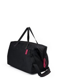 Schwarze Stoff-Duffel-Tasche mit doppelten Griffen und abnehmbarem Schultergurt. Mit pinkem Reißverschlussteil und Logogriff, glatter Textur und minimalistischem Design.