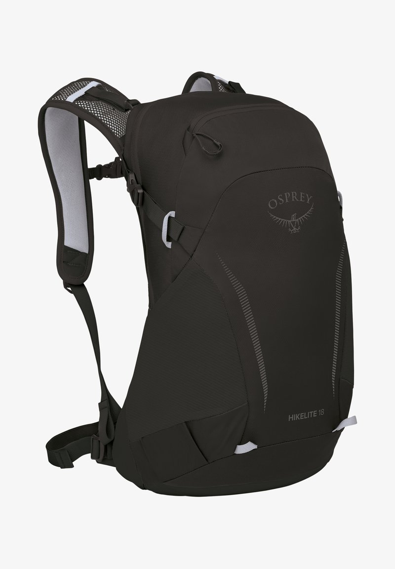 Osprey Hikelite 18 rugzak in het zwart, met textuurstof, verstelbare banden en reflecterende accenten. Strak ontwerp voor gebruik in de buitenlucht.