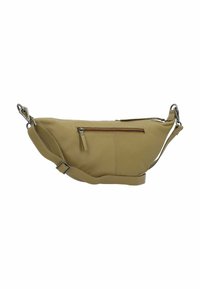 Borsa in pelle marrone chiaro con forma curvata, tracolla regolabile e tasca con zip sul fronte. Accentuata con dettagli in metallo argentato.