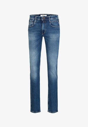 Blauwe denim jeans met een rechte pasvorm, voorzien van een hoge taille, vijf zakken en gestikte details. De stof heeft een vervaagde textuur.