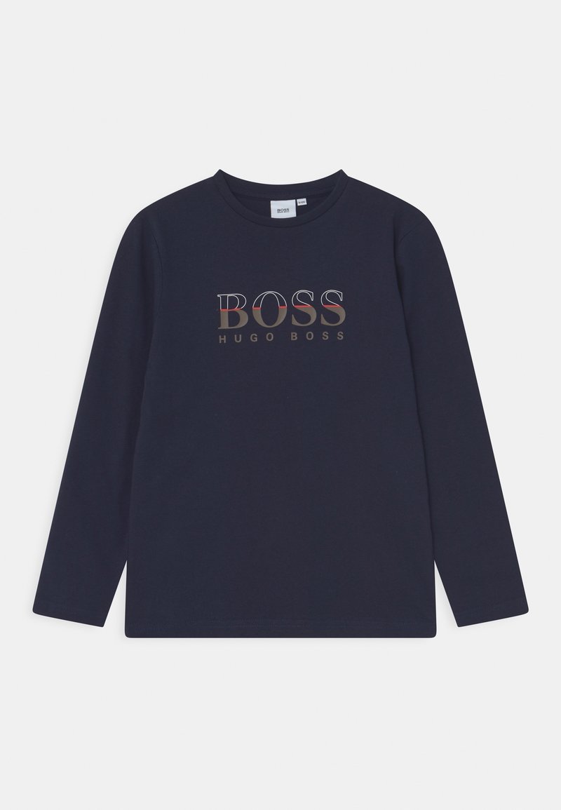Navy long-sleeve cotton T-shirt featuring a centered graphic logo in metallic colors: "BOSS" above "HUGO BOSS," with a crew neckline.