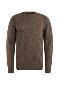 Pull en maille chinée marron et gris foncé avec manches longues, col rond, poignets et ourlet côtelés, et petit emblème jaune en forme d'aile sur le côté gauche de la poitrine.