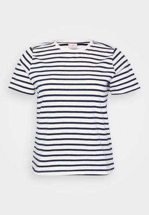 White t-shirt with horizontal navy stripes, round neckline, short sleeves, and a casual, loose fit. Smooth cotton fabric, no visible embellishments.