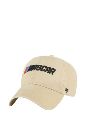 Beige baseball cap made of cotton, featuring an embroidered "NASCAR" logo in black with red, blue, and yellow accents on the front.