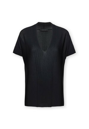 Schwarzes kurzärmeliges Strickoberteil mit V-Ausschnitt und vertikalen Rippenstrukturen vorne und an den Ärmeln.