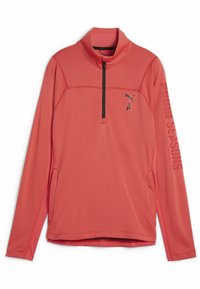 Lichtgewicht pullover in koraalrood, met een halflange rits, gestructureerde stof, zijzakken en een merkgrafiek op de mouw.