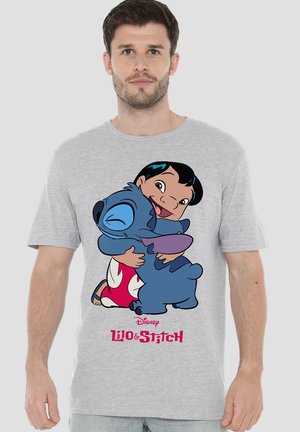 Gray cotton T-shirt featuring a graphic of Lilo hugging Stitch, with vibrant colors and printed text "Disney Lilo & Stitch."