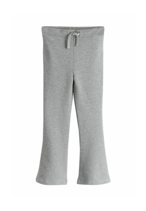 Graue Sweatpants mit ausgestelltem Bein, weicher Textur, elastischem Bund und verstellbarem Kordelzug. Einfaches Design ohne sichtbare Muster.