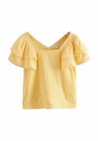 Top in tessuto giallo con maniche corte e arricciate. Presenta una scollatura a V e un delicato bordo in pizzo. Texture morbida e design leggero e arioso.
