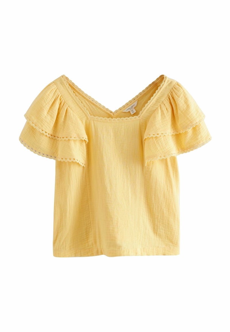 Top in tessuto giallo con maniche corte e arricciate. Presenta una scollatura a V e un delicato bordo in pizzo. Texture morbida e design leggero e arioso.